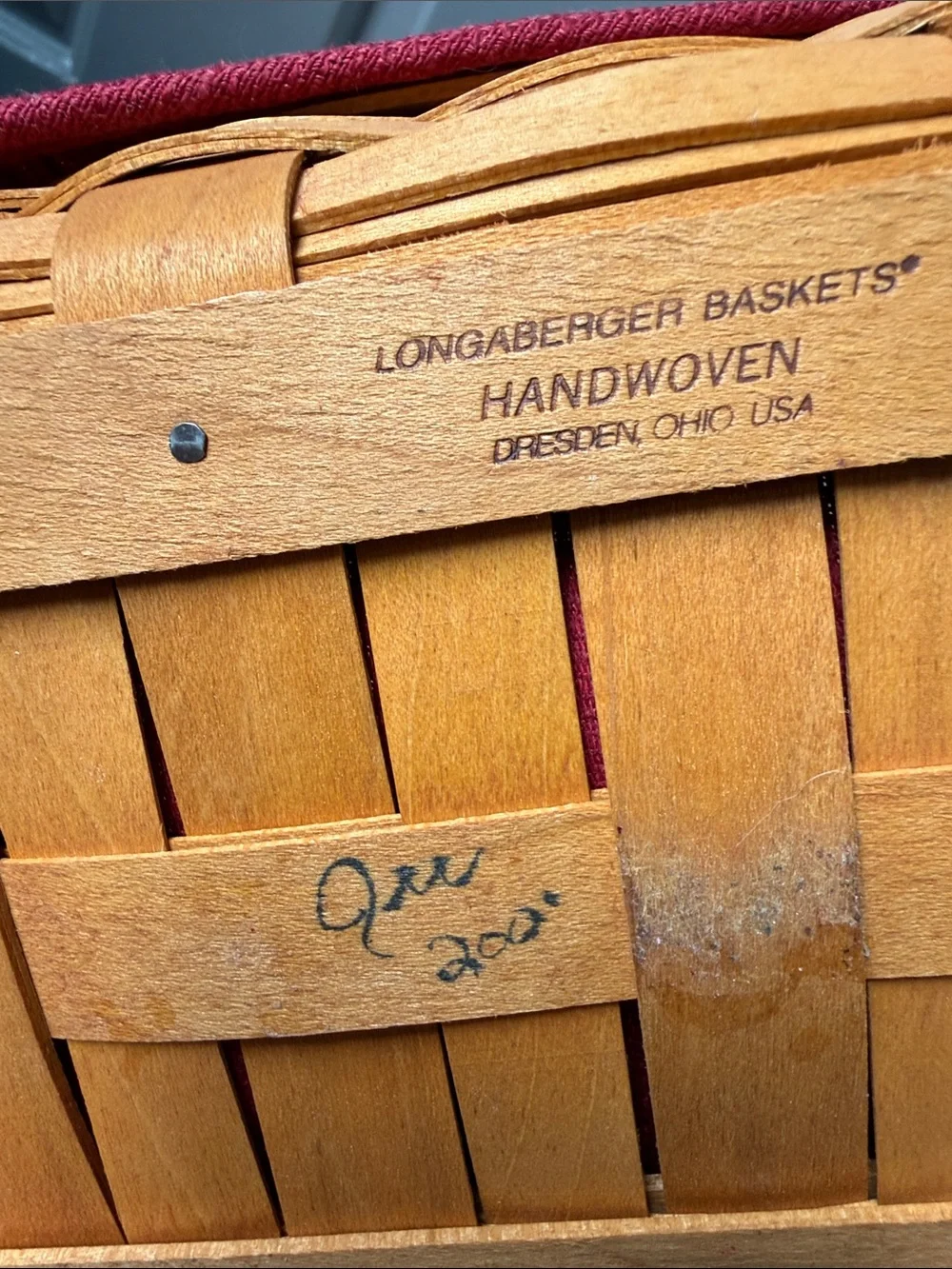 Longaberger Natural Wood Basket with Burgundy Trim